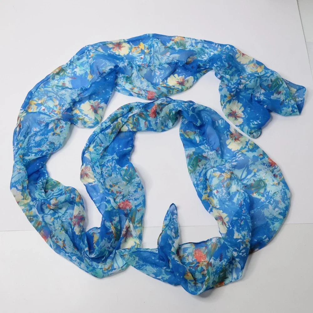 Bright Blue Floral Draped Scarf Chiffon Boho Y2K Frutiger Aero Indie Sleaze Fun